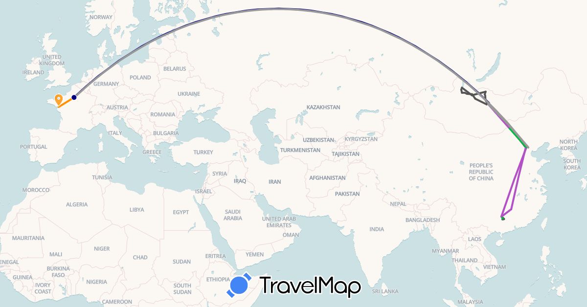 TravelMap itinerary: driving, bus, plane, train, hitchhiking, motorbike in China, France, Mongolia (Asia, Europe)